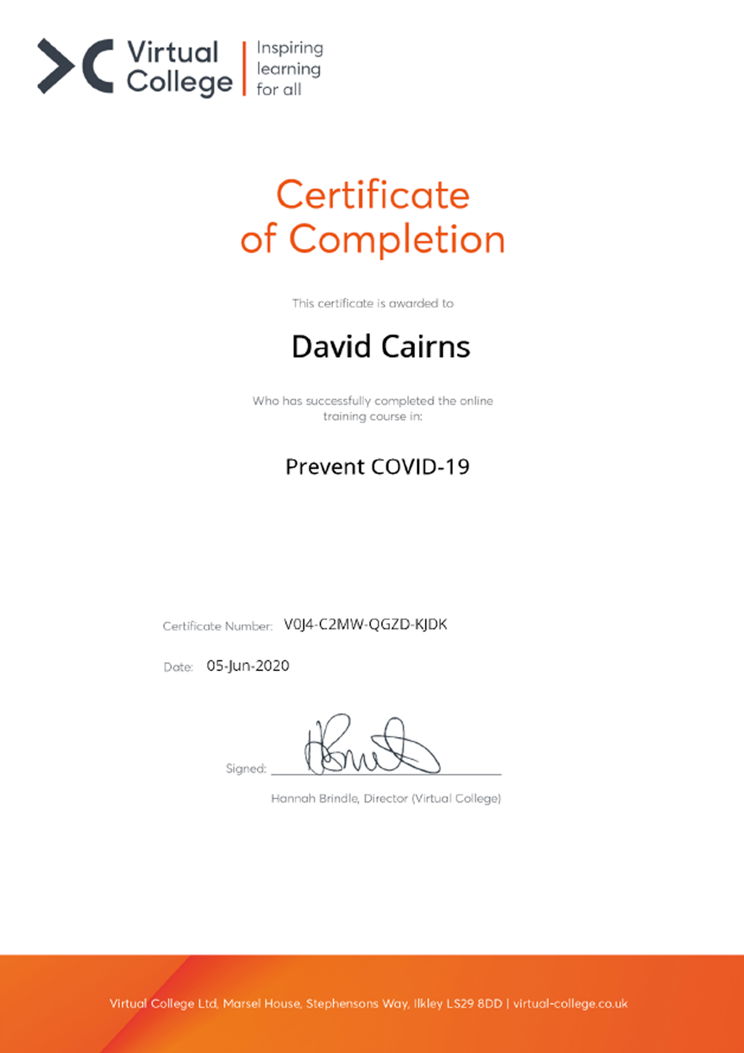 Covid 19 Safety Trained - Mr Cairns